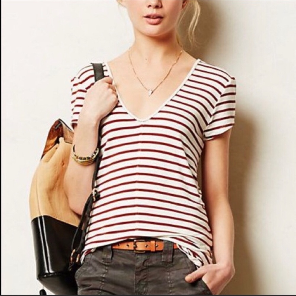 Anthropologie Bordeaux Striped V-Neck Tee